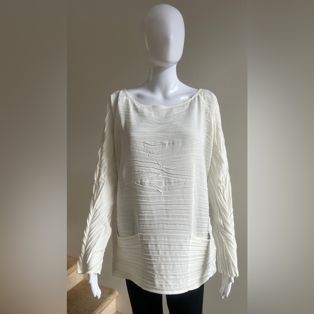 BABETTE Pleated Long Sleeve Shirt Blouse Top Tunic, Ivory, Large